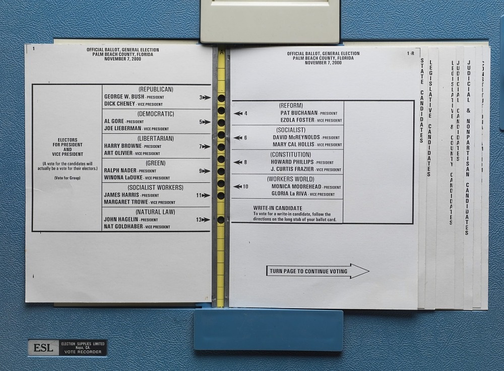 The butterfly ballot showing the presidential candidates in Palm Beach County for the 2000 election.