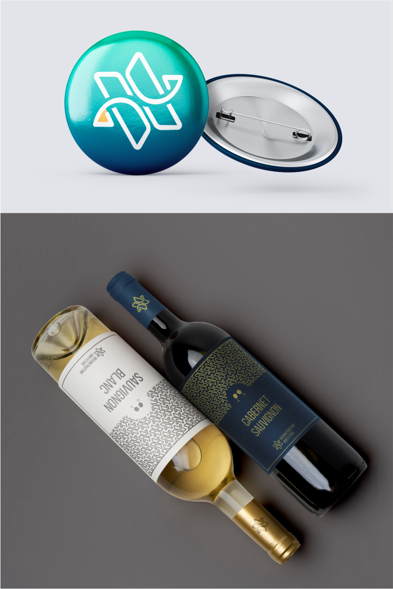 wine bottle with logo, pin with logo - isotype